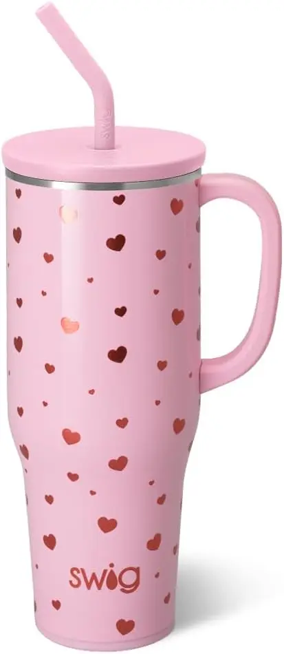 

Термокружка 40 унций с ручкой и соломинкой, сохраняет напитки холодными до 24 часов и горячими до 9 часов, подходит для подстаканников, дорожная кружка, дизайн ко Дню святого Валентина