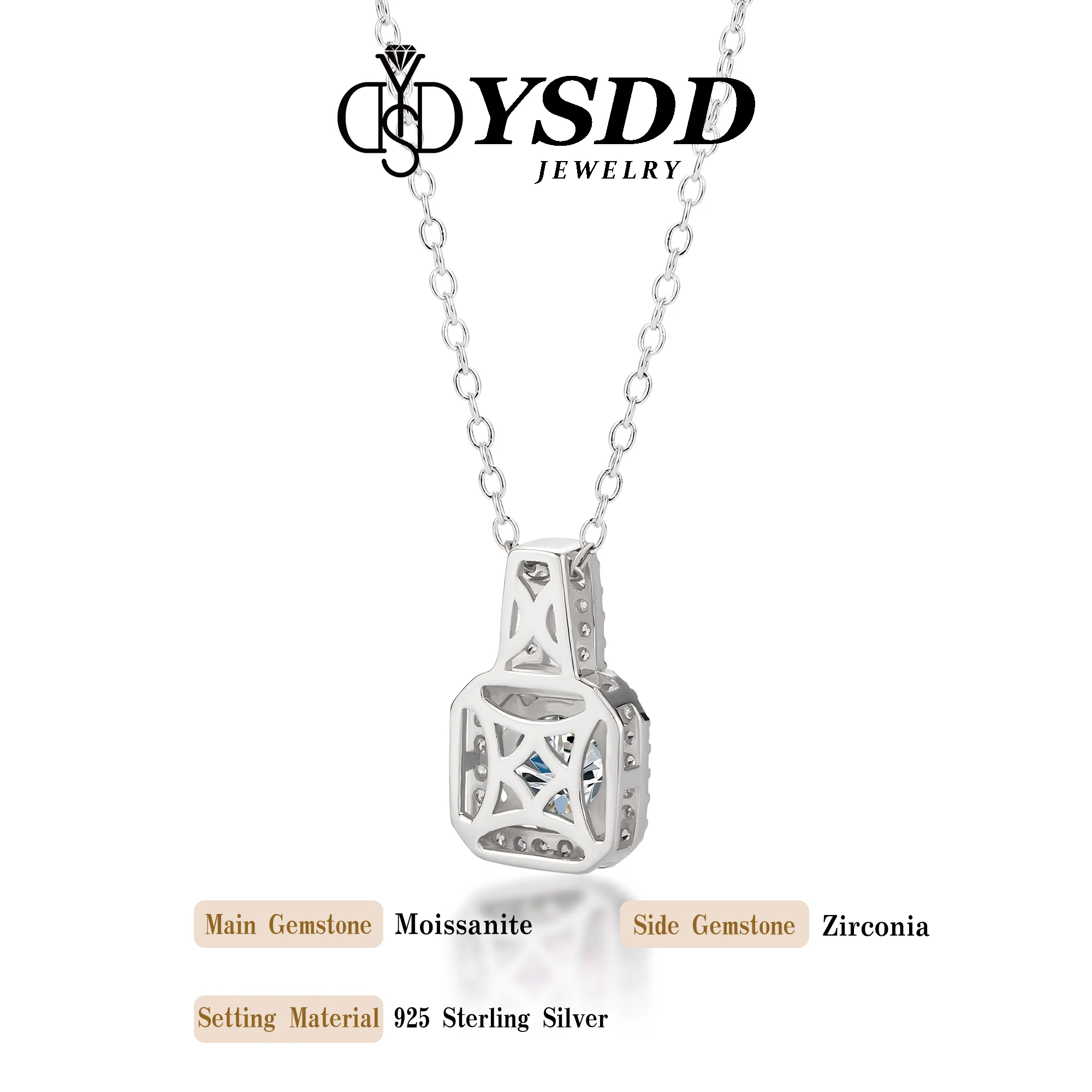 #20 YSDD Genuine 925 sterling silver 1-3 carat Moissanite princess square bag women's necklace pendant is not allergic