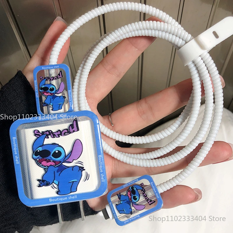 Disney Stitch Fast Charger Data Cable Protective Cover for iPhone 14 13/12/11 18W/20W Cartoon Cute Soft Glue Shell Winding Rope