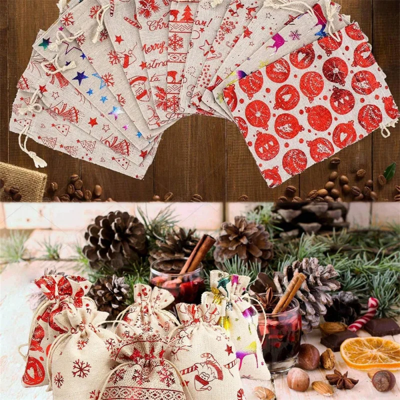 12 قطعة من أكياس هدايا عيد الميلاد من الكتان ذات الحافة الذهبية، تخزين حلوى مجوهرات العطلات، منظم صغير لحفلات الزفاف، لوازم يدوية ذاتية الصنع #5