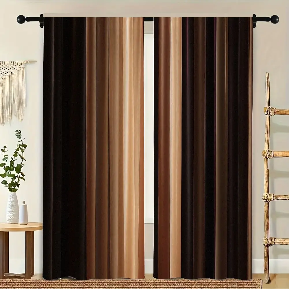 

2pcs Earthy Brown Beige Dark Brown Vertical Stripes Gradient Curtains - Rod Pocket Window Drapes. Modern Window Treatments