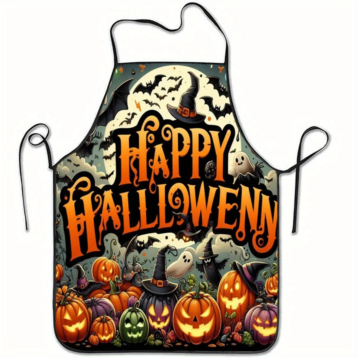 Lebendige Oxford-Stoffschürze mit Halloween-Motiv, schwarz mit orange-weißen Kürbissen, Fledermäusen und Hexenhut-Grafiken