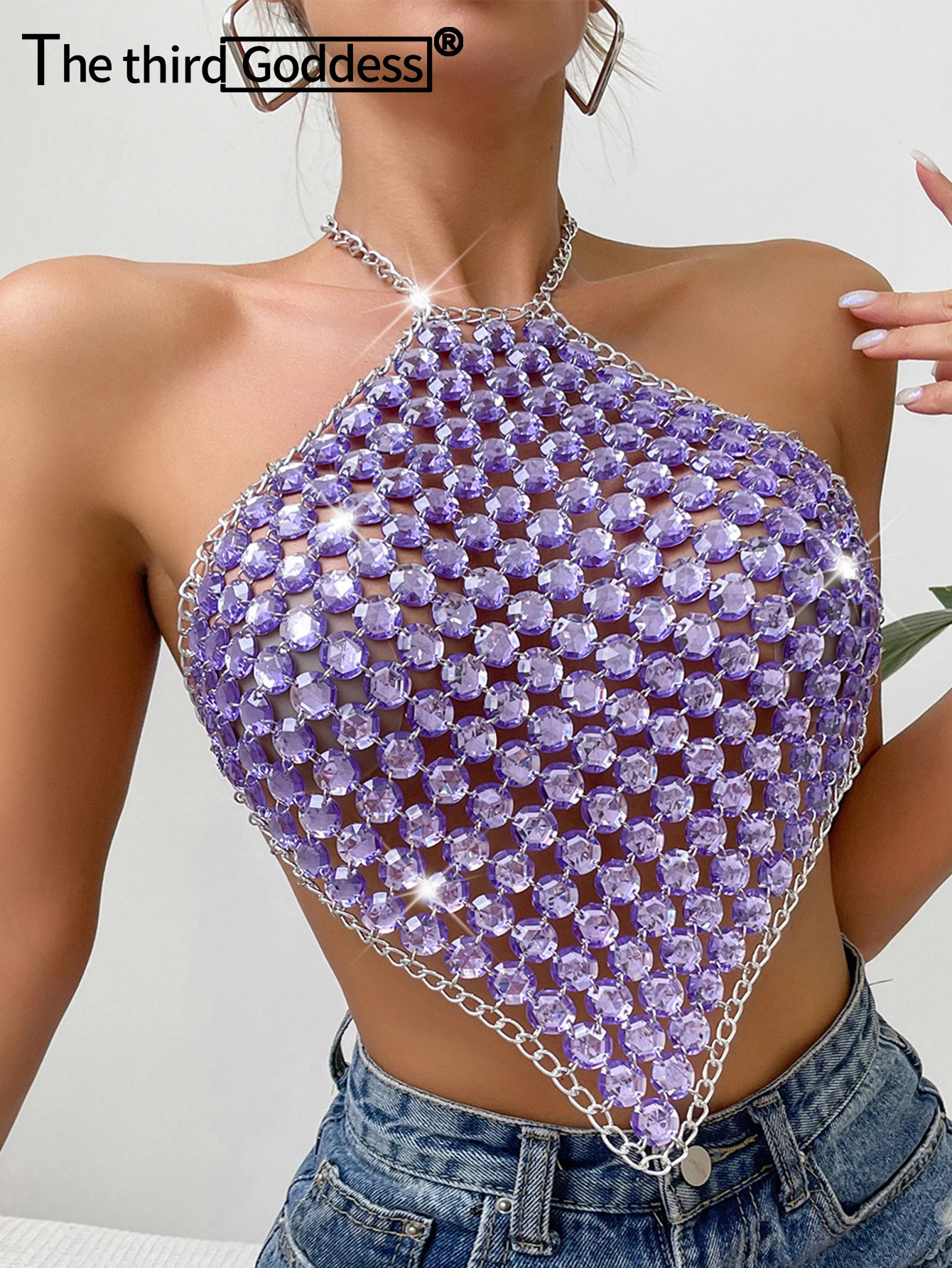 Seksowny, prześwitujący crop top z metalowymi dżetami, damski, lato 2026, streetwear w stylu Y2K, topy na ramiączkach, na imprezę klubową, plażę, top typu halter, stroje rave.
