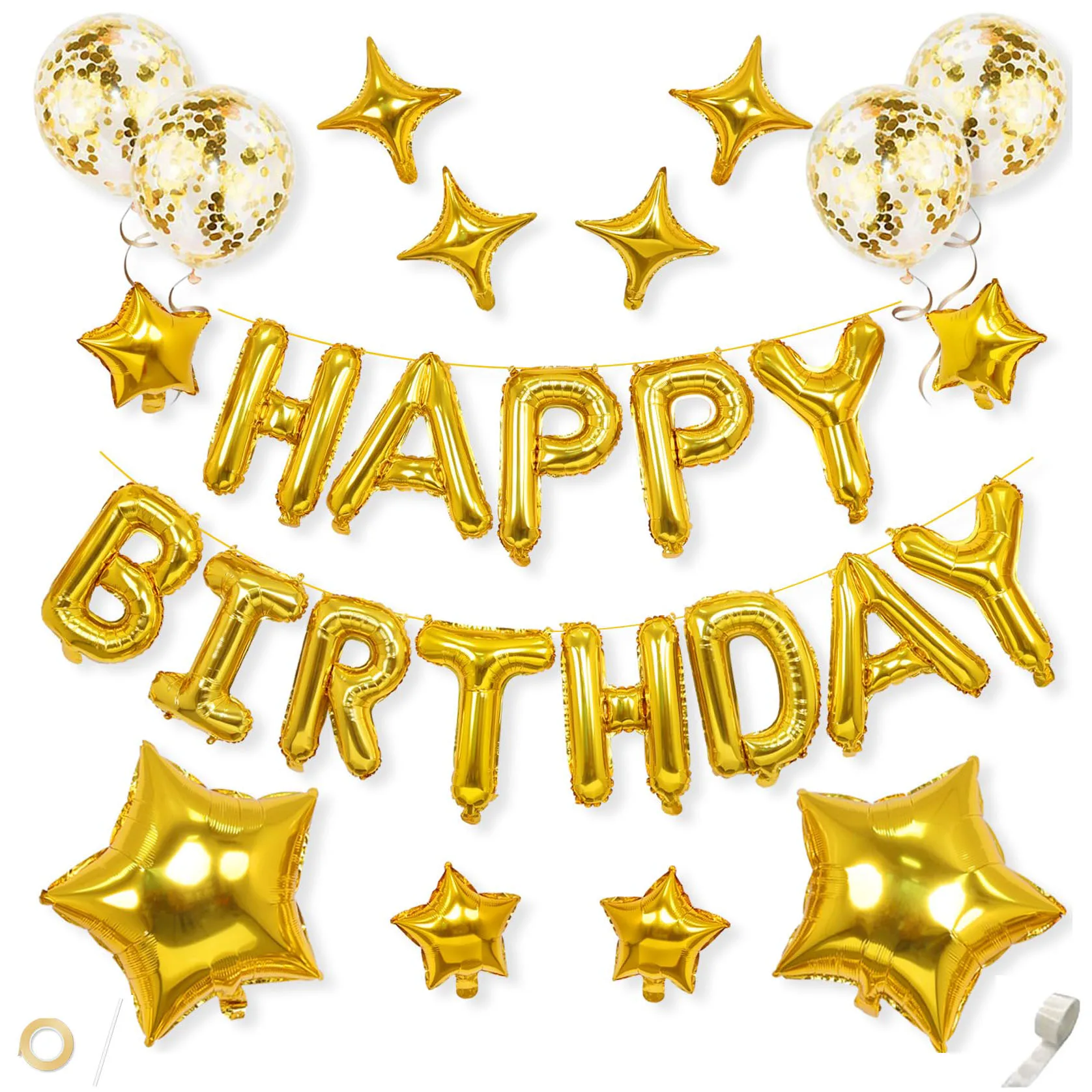 Gold Happy Birthday Ballon-Set, Mylar-Folie, wiederverwendbare Buchstaben, Geburtstagsbanner, Sternballons, Konfetti-Latexballons