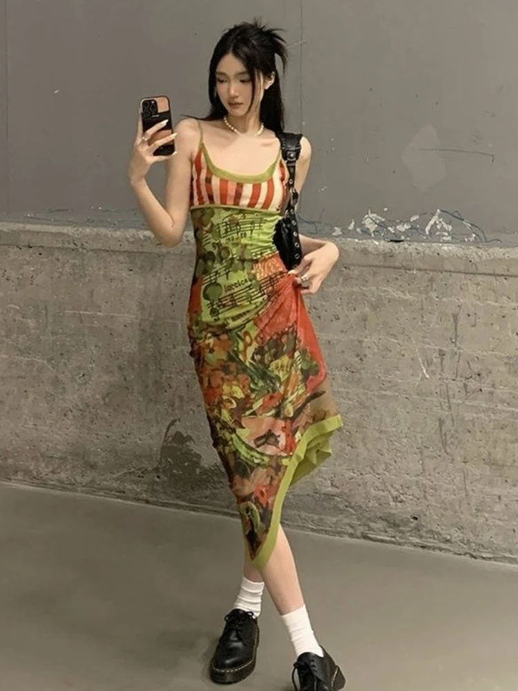 2024 Harajuku Irregular Y2k Aesthetic Vestidos Grunge Fairy Printing Women Sleeveless Dresses Vintage Streetwear Backless Dress