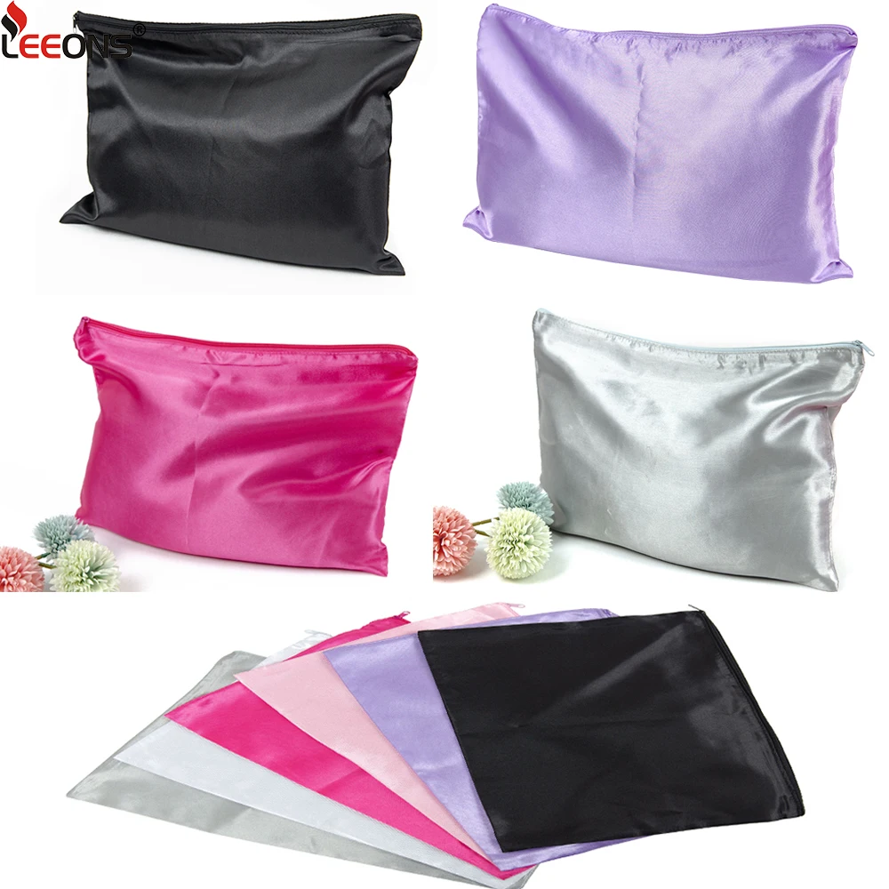 Black Zipper Silk Satin Bags, Stain Packaging Bag, Wig Storage for Packaging Wigs Bundles, Hair Extensions Hairpiece, 35x25cm, 1Pc