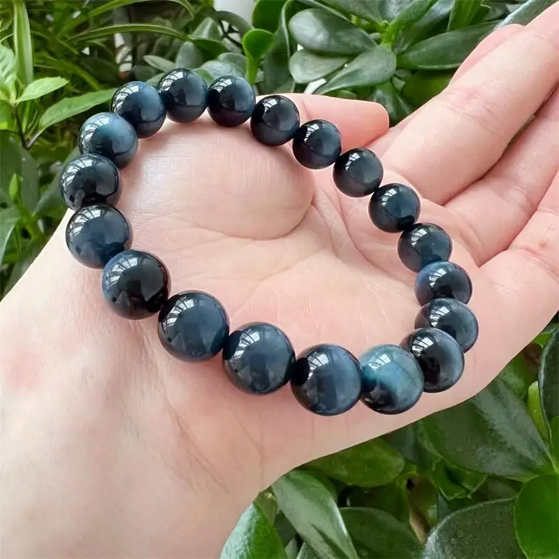 

10MM Natural Blue Tiger Eye Stone Bracelet Smooth Gemstone Reiki Healing Jewelry Energy Crystal Holiday Gift 1PCS