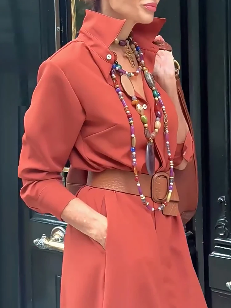 Nieuwe eenvoudige effen kleur pocket maxi-jurk elegant temperament losse kantoorjurken herfst dames revers shirtjurk met lange mouwen