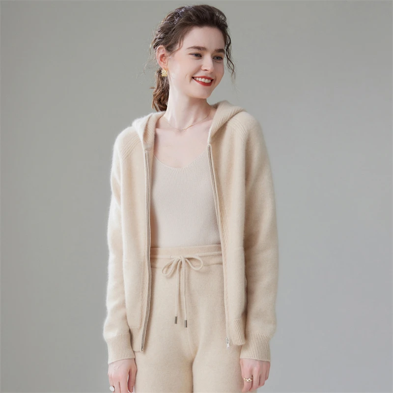 

35% кашемировый кардиган на молнии с капюшоном, утолщенная женская шерстяная куртка на молнии спереди с карманами