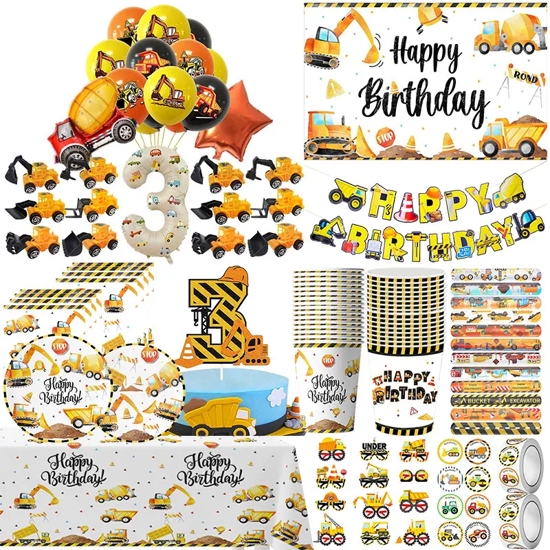 Ensemble de décorations pour fête d'anniversaire sur le thème des camions de construction : assiettes, gobelets, serviettes, ballons, autocollants, toile de fond, cadeaux pour enfants