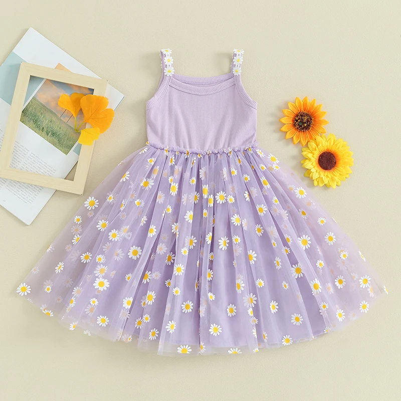 VISgogo Baby Girls Summer Dress Daisy Print Mesh A-Line Princess Dress for Beach Party Cute Birthday Clothes