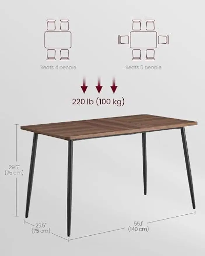 Modern Kitchen Dining Table For 4 To 6 People, Heat Resistant Wooden Tabletop With Heavy Duty Metal Frame, Rectangular Dinner Furniture For Dining Room Living Room Apartment, Natural Walnut And Ink Black