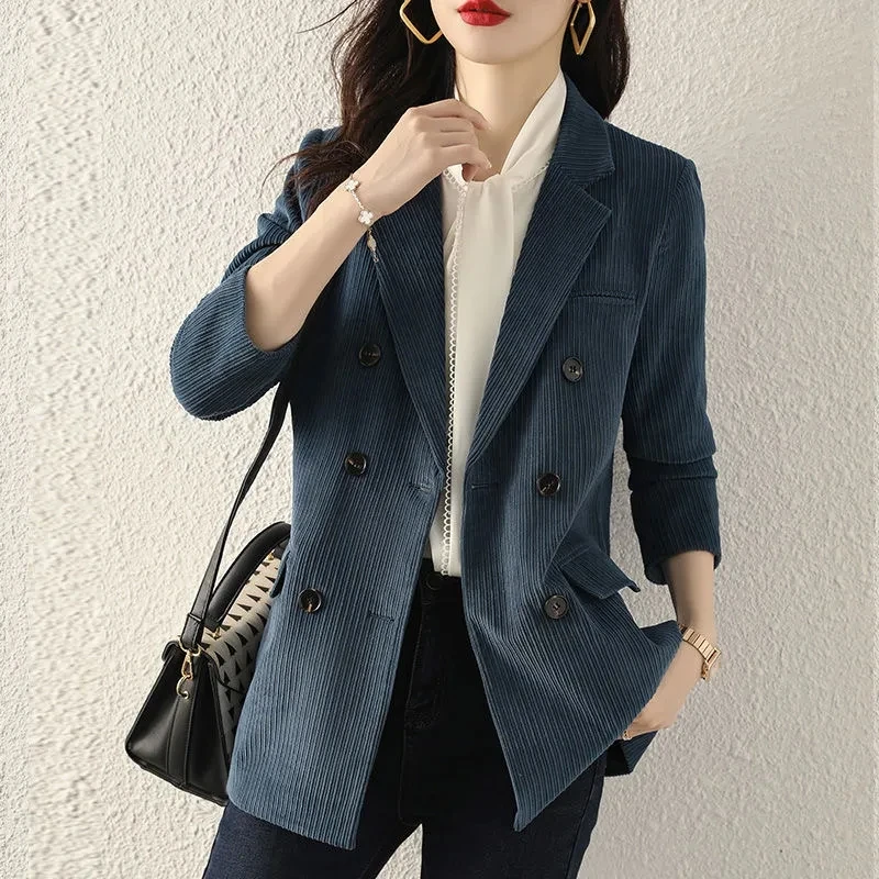 Korean Double Breasted Corduroy Blazer Suit Jacket,for Womens Clothes,Spring Autumn Blazes,2024 New,Casual Suit Coat,Female,Tops