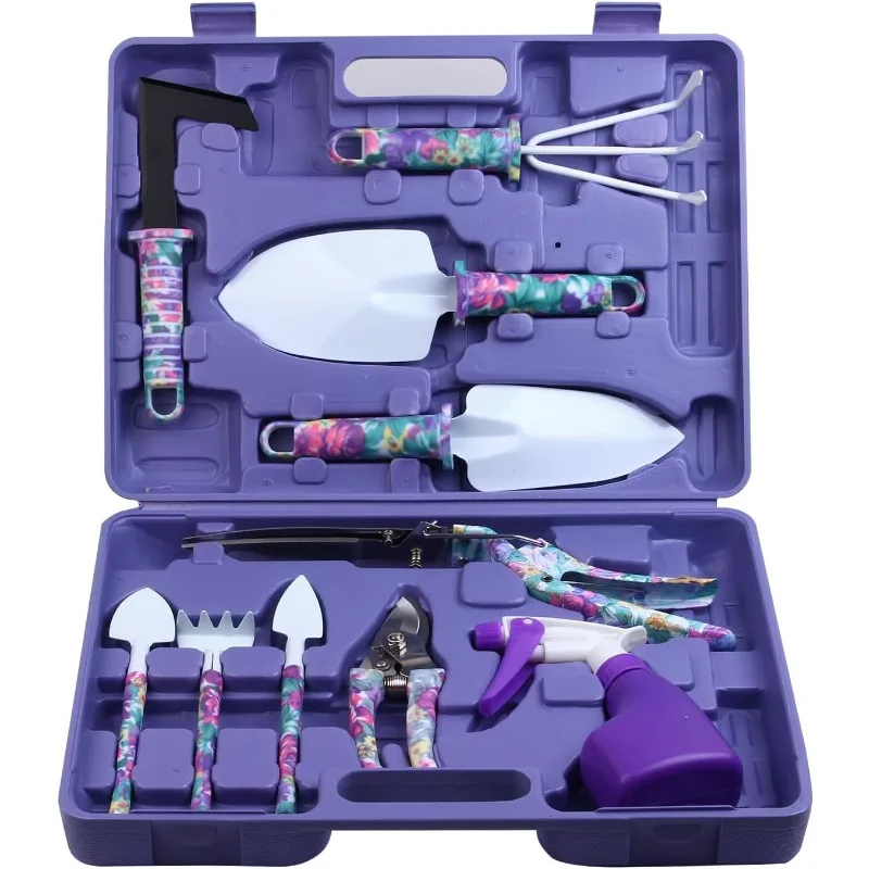 Garden Tools Set,  10 Pieces Gardening Tools with Purple Floral Print, Ergonomic Handle Trowel Rake Weeder Pruner Shears Sprayer