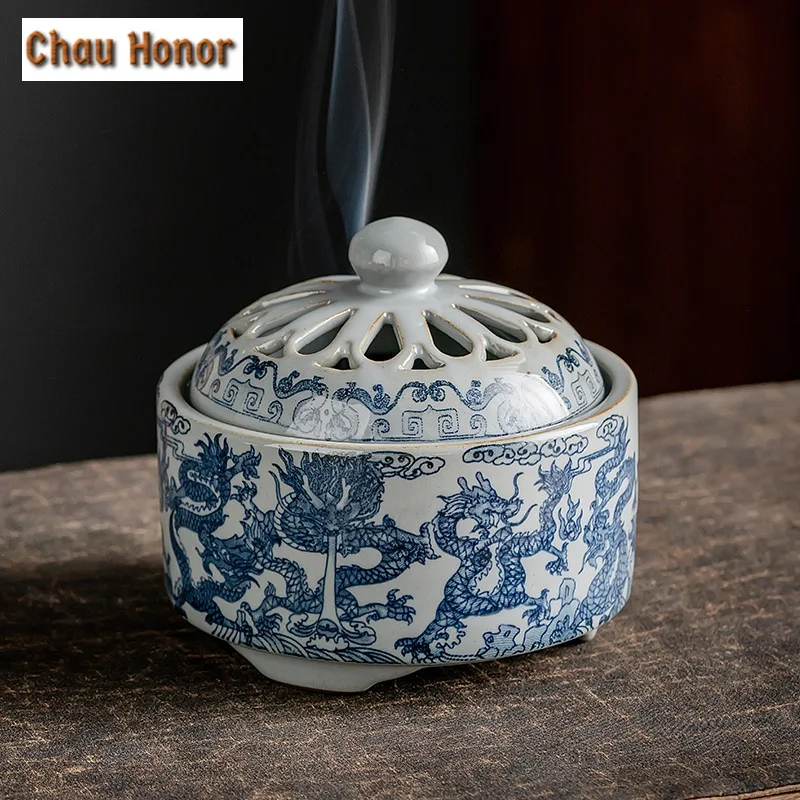 

Blue and White Path Incense Holder Ancient Pottery Clay Dargon Incense Waterfall Scented Aromatic Candles Chinese Cha Decoration