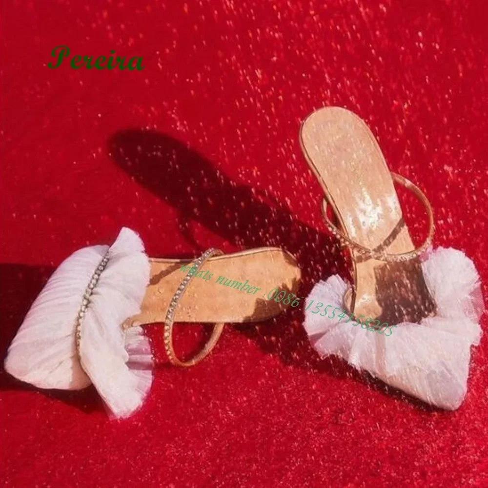 

Air Mesh Crystal One Strap Slippers 2022 New Designer Pointed Toe Stiletto Heels Women's Slippers Party Shoes Sexy Elegant Girls