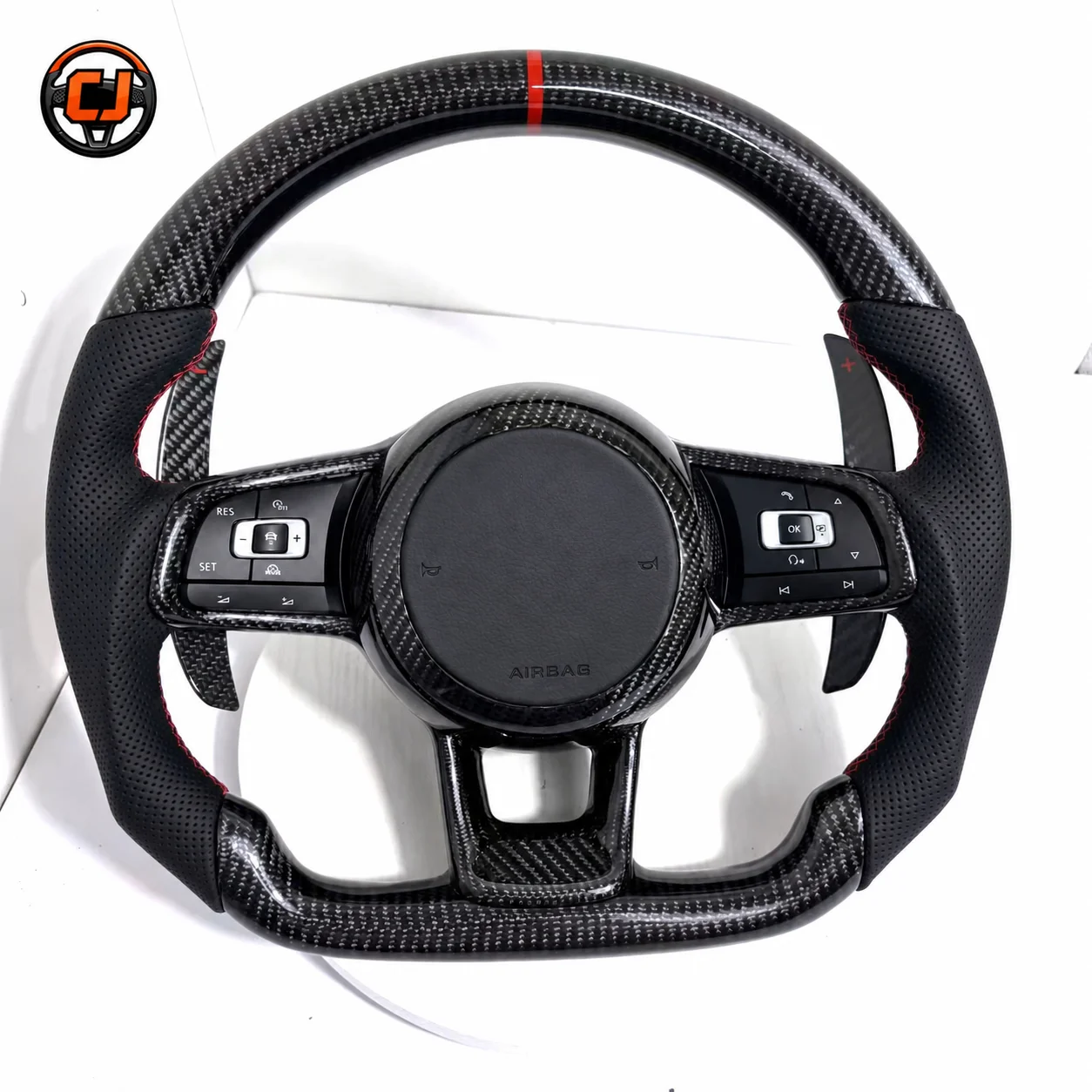 Custom Carbon Fiber Steering Wheel for VW Golf 6 7 7.5 GTI R R-Line CC Polo Passat B8 Flat Bottom Red Stitch