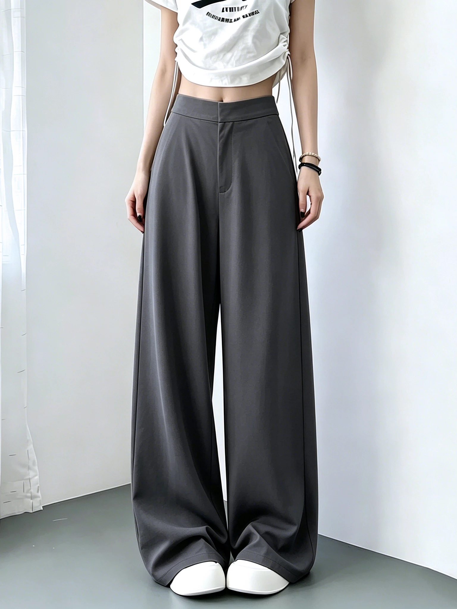 

Gray Wide Leg Suit Pants Women's Loose Casual Drape Thin Floor-Length Trousers Summer New Style Commute High Waist Zipper