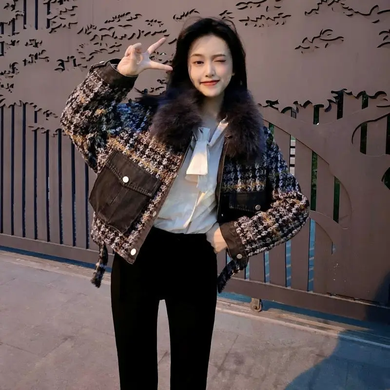 冬用の新しい綿入り厚手のデニムチェックツイードショートトップ、女性用、コート付き、ファッショナブルで高級感がありエレガントです。