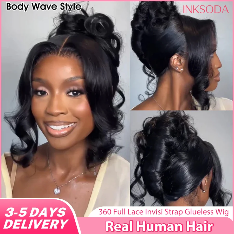Invisi-Strap 360 Lace Frontal Body Wave Human Hair Glueless Wigs With Drawstring Plucked & Bleached 220% Density For Women