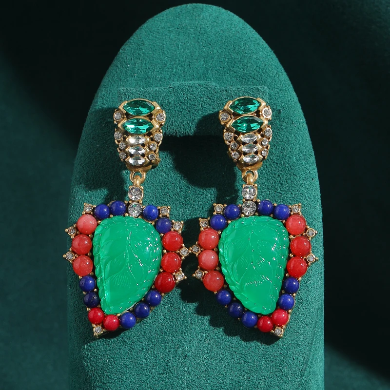 

Vintage Green Glazed Leaves Drop Earrings Luxury Antique Art Deco Rhinestone Natural Jewelry Brand High Quality Gift Anniversary