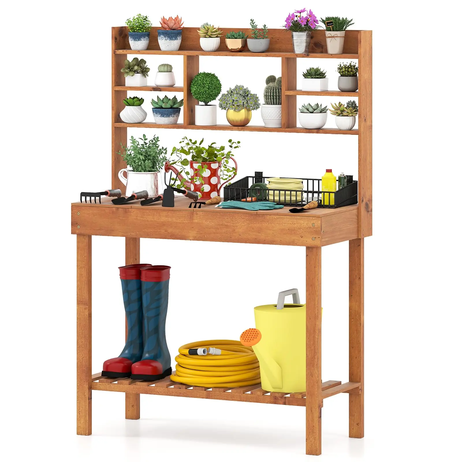 Potting Bench, Outside Solid Wood Potting Table with Flip-up Tabletop, Shelves, Indoor Outdoor Wooden Workbench for