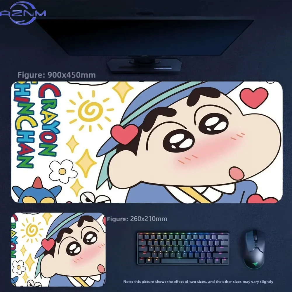 Kawaii Blush Crayon Shin‑chan Anime Mousepad, Rubber Non‑Slip Large Desk Mat, Colorful Heart Flower Cartoon Gaming Mouse Pad for