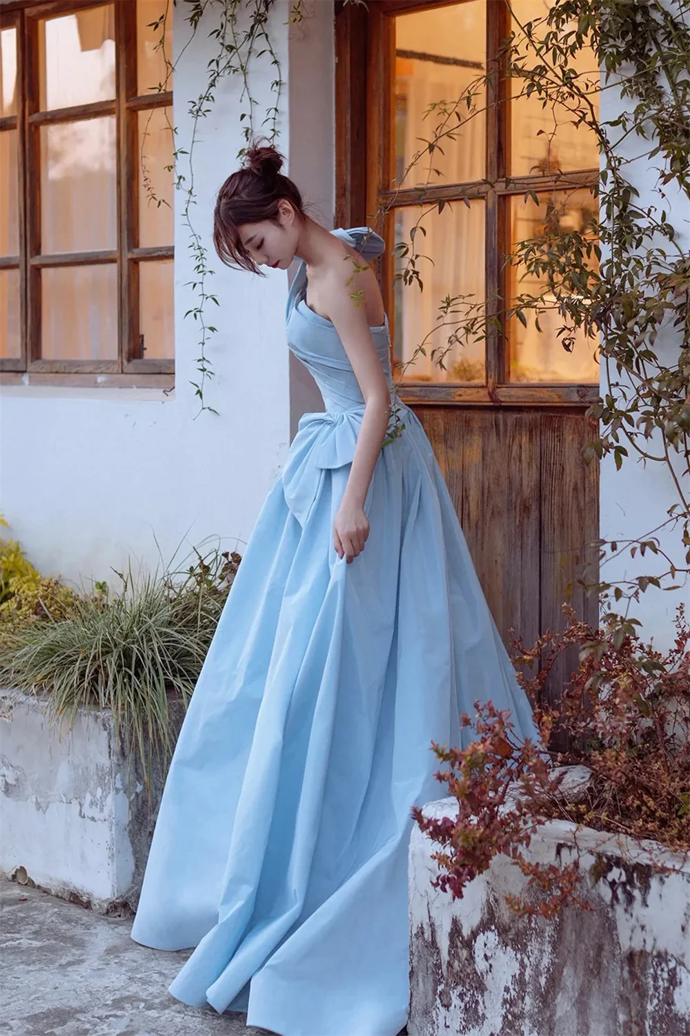 Annie Light Blue Prom Dresses Taffeta One Shoulder Bow Princess Evening Dresses Formal Occasions A-Shape Elegant Party Dress