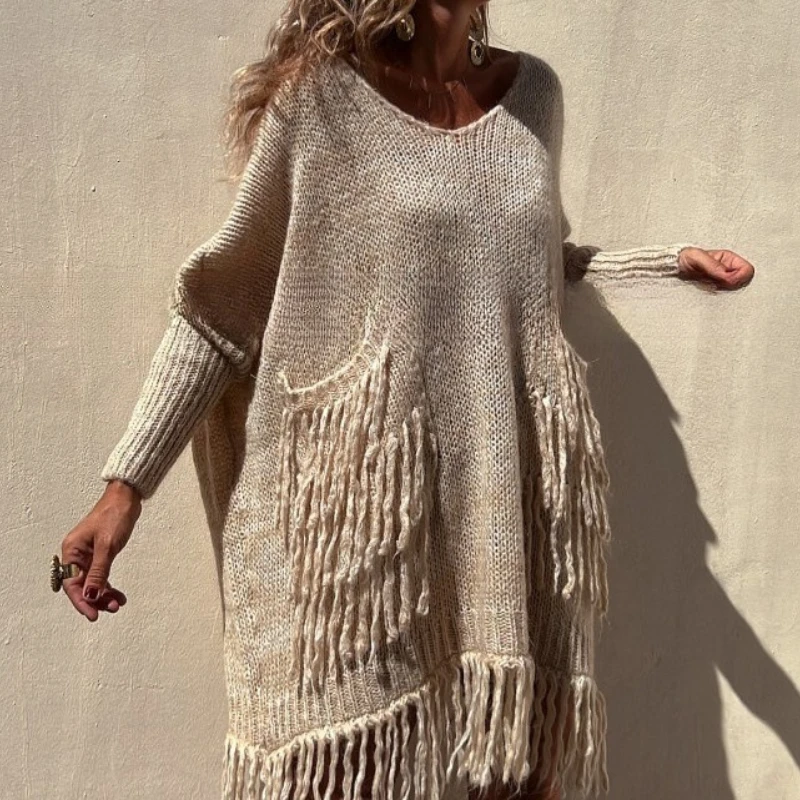 

Fall/Winter 2025 Fashion V-neck Loose Tassel Design Women's Knitted Sweater