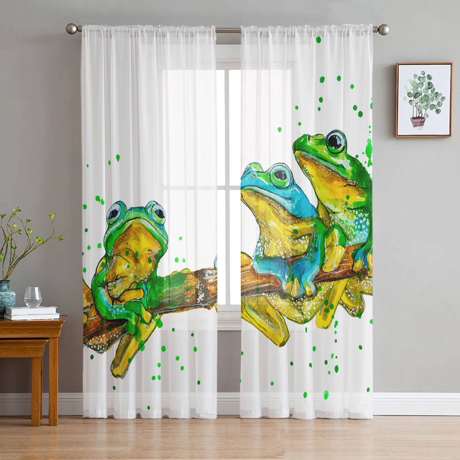 Frog Hand-Painted Watercolor Modern Tulle Curtains for Living Room Bedroom Home Kitchen Window Sheer Curtains