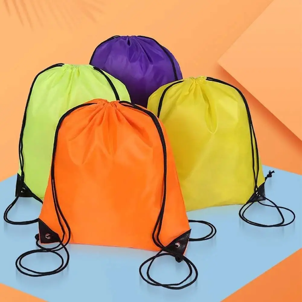 Nylon Drawstring Backpack Solid Color Folding Storage Bag Shopping Bag Shoulder Bag Beach Use Bag Gym Sports Backpack Women