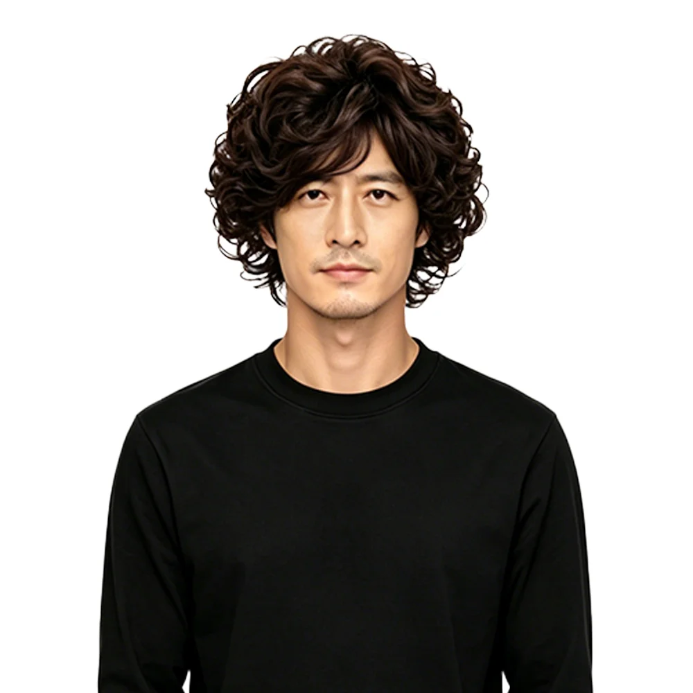 Natural Realistic Men Dark Brown Short Curly Wig Easy Care Fluffy Synthetic Wig Daily Wear Heat Resistant Durable Full Wig