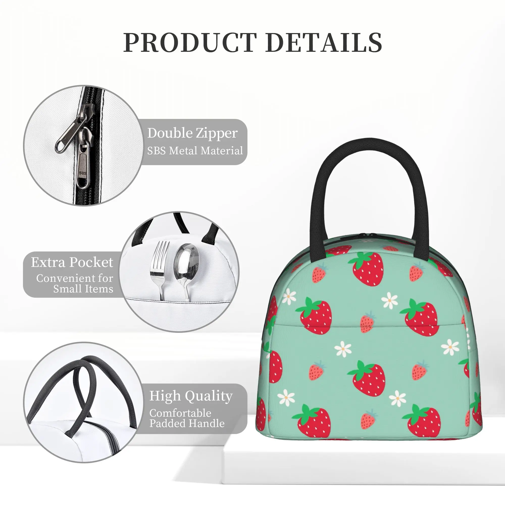 Pink Strawberry Cute Floral Handheld Thermal Cooler Bag Cartoon Reusable Insulated Lunch Bags Causal Storage Box For Picnic view 4