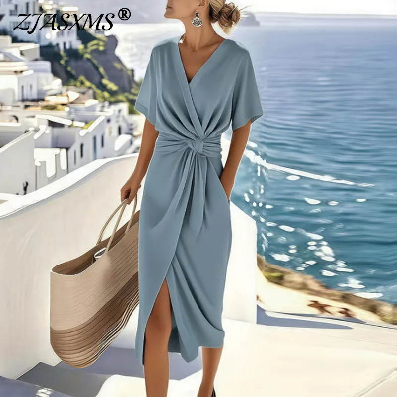 Elegant V Neck Waist Draped Split Long Dress Woman Fashion Solid Irregular Party Dress Summer Short Sleeve Slim Vacation Dresses