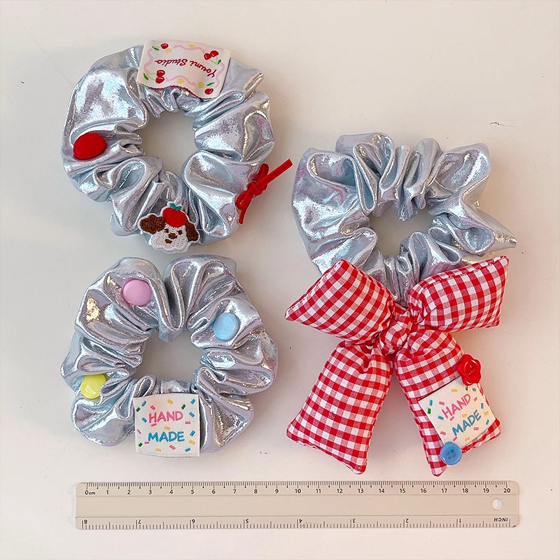 Neue Vintage-Haargummis in silberner Farbe, glänzend, aus metallischem Stoff, modische, hochelastische Haargummis für Frauen und Mädchen, Schleifen-Accessoires – Detail 9