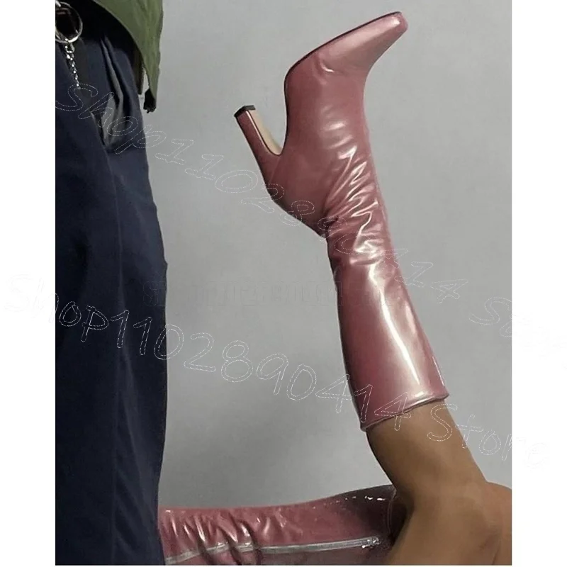 

Pink Pointed Toe Patent Leather Party Boots Side Zipper Women Shoes Chunky High Heels New Feast Dating 2025 Zapatos Para Mujere