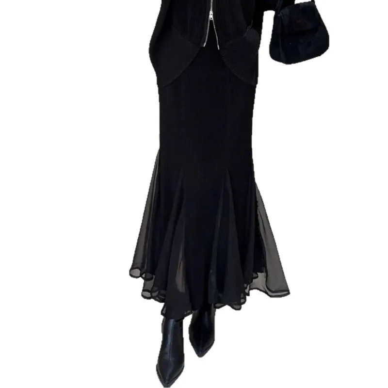 Miyake meia saia plissada 2025 outono inverno engrossado fishtail saia elegante commuter halter design simples emenda sólida jupe