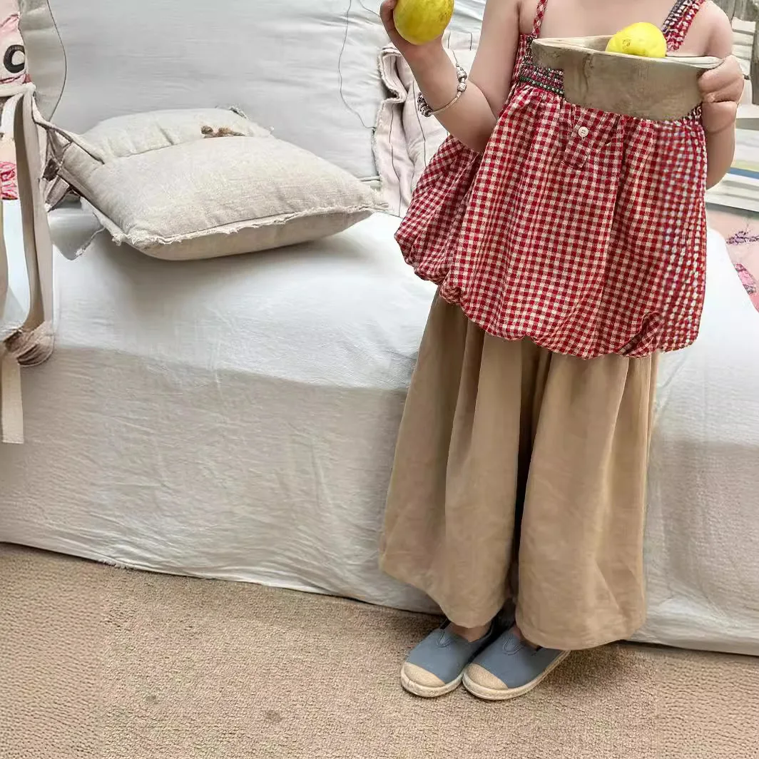 

Girls Pants 2024 Summer New Childrens Wear Korean Style Foreign Style Splicing Loose Cotton Thin Childrens Wide-leg Pants Casual