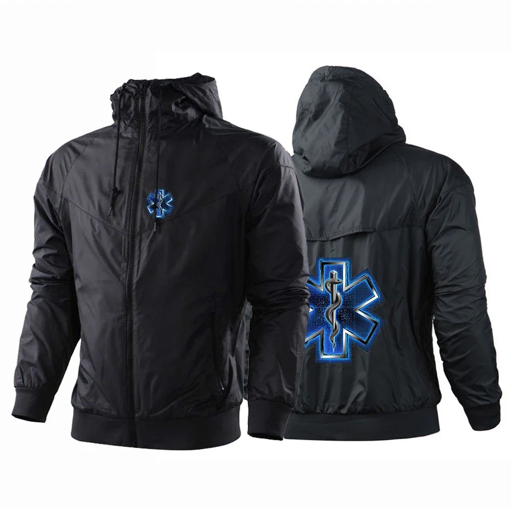 

EMT Emergency Ambulance Men Spring Autumn Printing Hot Sale Five-Color Windproof Hooded Color Matching Windbreaker Fashion Coat