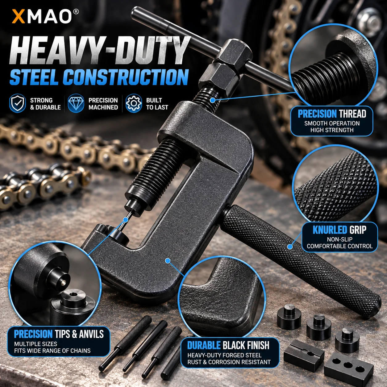 XMAO Motorcycle Chain Breaker Riveter Tool Set, Bicycle Timing Chain Pin Press Cutter with 2.2/2.9/3.8mm Pins and Carry Case