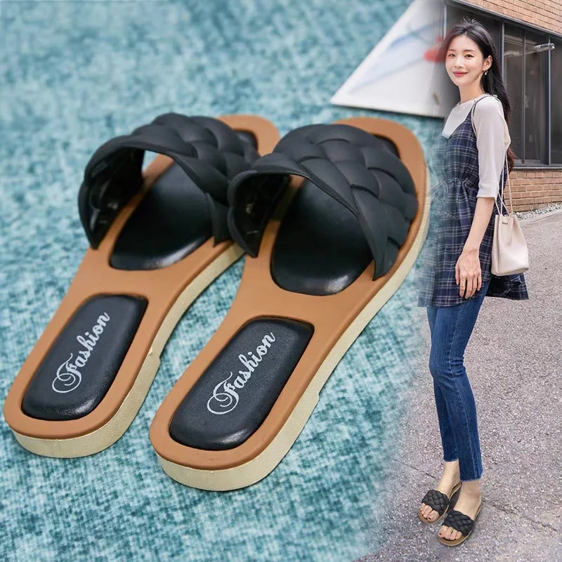 Dames Nieuwe Stijl Slippers, Rhombic Geweven Flip Flops, Bovenkleding Eenvoudige Vierkante Teen Mode Platte Sandalen En Slippers