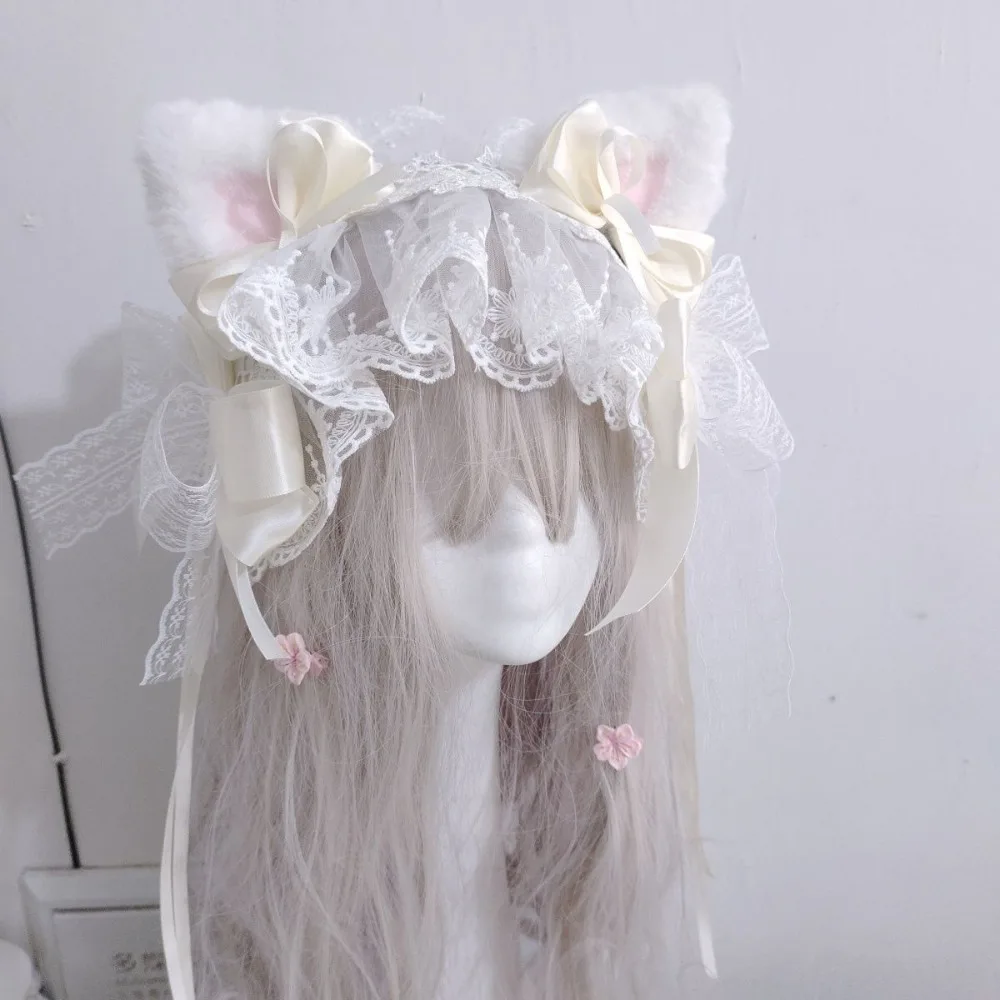Bow Cat-ear Fox Ears KC Lace Headpiece Pink Blue Black Beige Hair Accessory Kawaii Sweet Lolita Headband