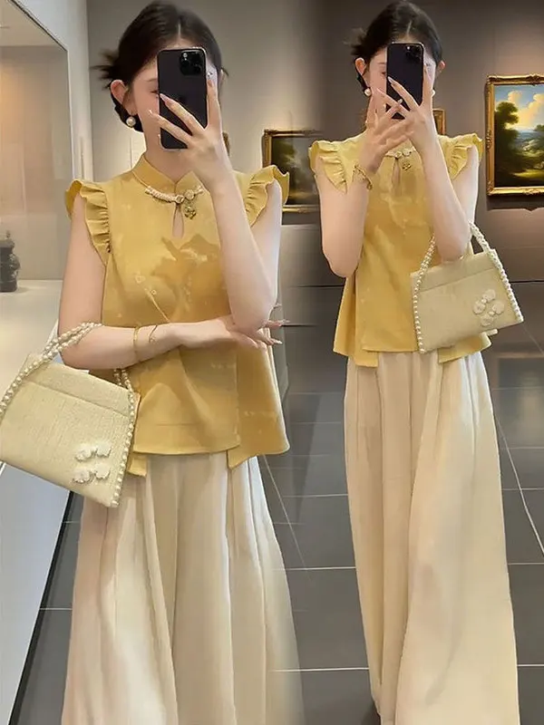 

Chic Anti-Aging Chinese Style Women's Fashion Set Summer New Design Small Flying Sleeve Top Wide Leg Skirt Two Piece Set