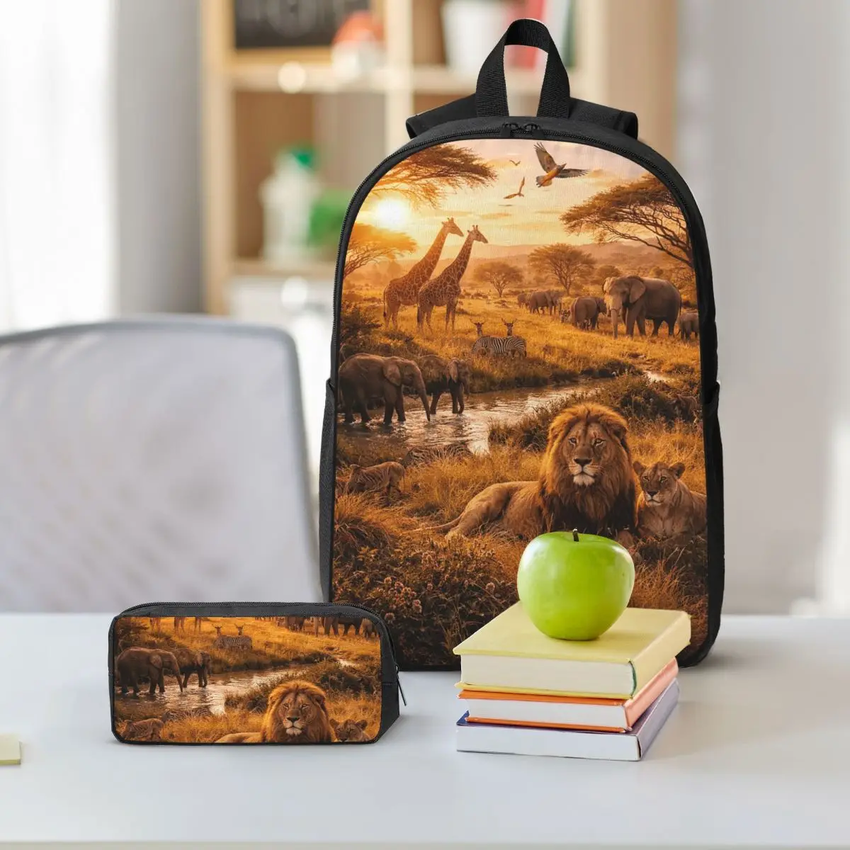African Savanna Wildlife Theme Backpack Boys Girls BookBag School Bag Shoulder Bags 3ps Insulated Lunch Bag Pencil Case