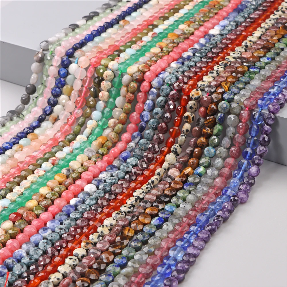 

Faceted Coin Stone Beads Natural Quartzs Jaspers Round Flat Beads for Jewelry Making Craft Accessori DIY Bracelet Necklace 4/6mm