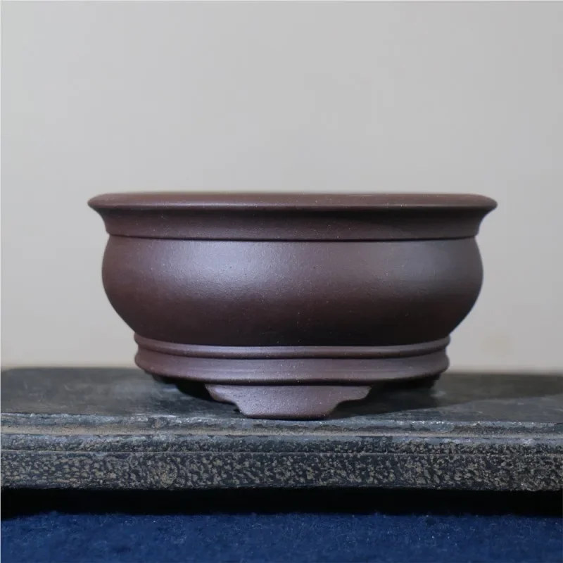 Chinese Yixing Purple Clay Flower  Round Bonsai  Handmade Flower  Three Legged Desktop tery Classical Antique