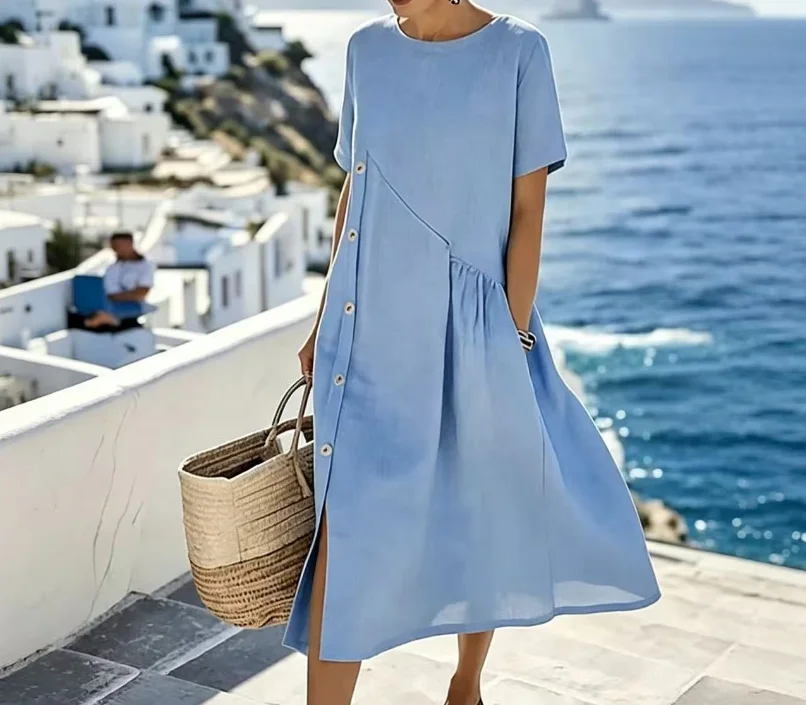 Women's Dress 2026 Spring Summer New Solid Color Round Neck Pocket Design Short Sleeve Loose Casual Simple T-Shirt Dress