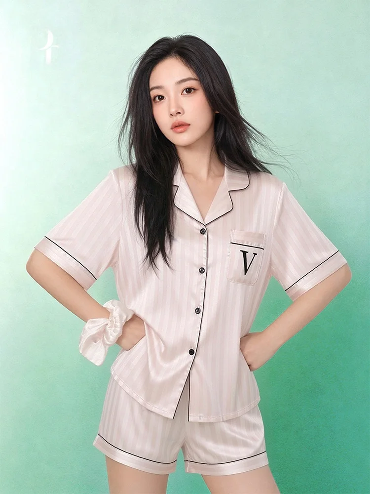 

Pink Striped Ice Silk Short Sleeve Ladies Sleepwear Set Home Comfortable Loose Fit Polyester Blend Quick Dry Ultra Soft Summe...