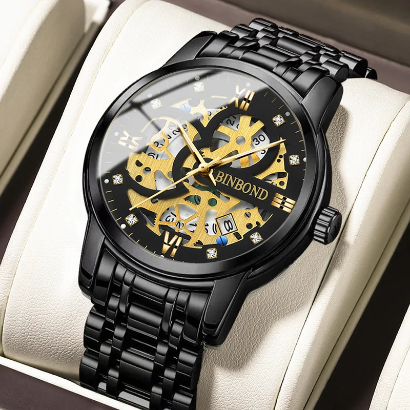 BINBOND B6656 New Automatic Non-Mechanical Quartz Watches 30M Waterproof Luminous Tourbillon Trendy Hollow Design Men Watches