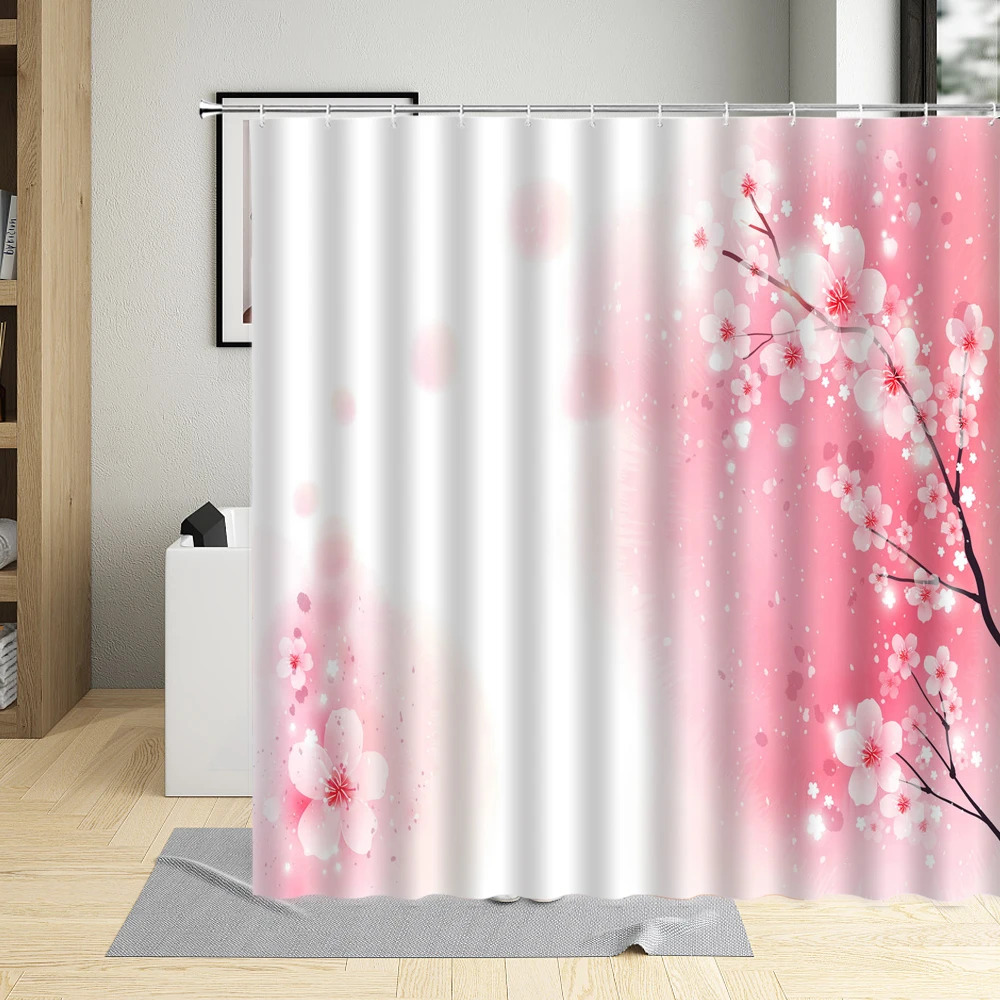 Chinese Style Shower Curtain Red Ink Flower Plum Pink Cherry Blossom Floral Bird Pattern Bathroom Decor Polyester Curtains Sets